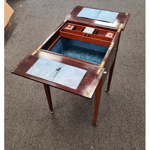 502 - Georgian style inlaid Mahogany Workbox/Storage/Sewing table, this is lockable with key and has porta... 