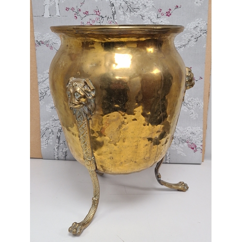 503 - Large antique Victorian brass jardiniere planter on tri legs with Lion design. Measures H43cm x 34cm... 