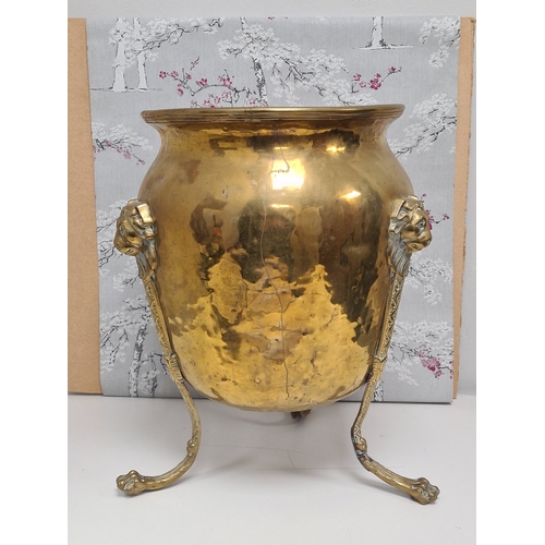 503 - Large antique Victorian brass jardiniere planter on tri legs with Lion design. Measures H43cm x 34cm... 