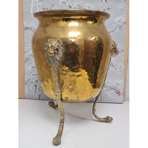 503 - Large antique Victorian brass jardiniere planter on tri legs with Lion design. Measures H43cm x 34cm... 