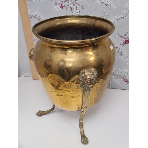 503 - Large antique Victorian brass jardiniere planter on tri legs with Lion design. Measures H43cm x 34cm... 