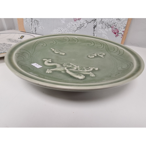 506 - Green Bowl with Chinese Dragon design 28cm x 5cm high, also Lamberton Scammell Dutch Colonial Plate ... 