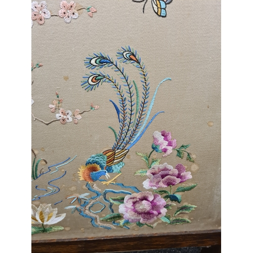 510 - Wooden fire screen guard with embroidered South Asian pattern of peacock & flowers. Measures H69cm x... 