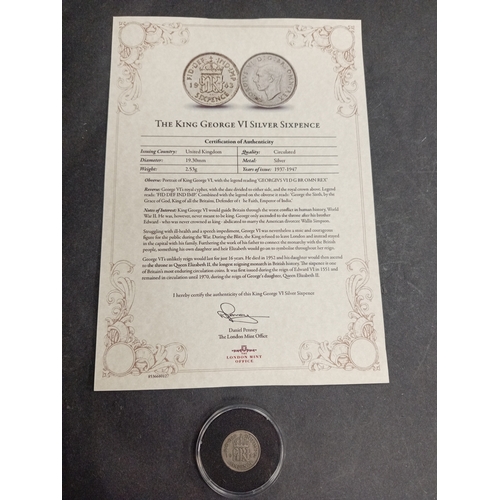 734 - London mint, The King George VI silver proof sixpence weight 2.53 grams with certificate.