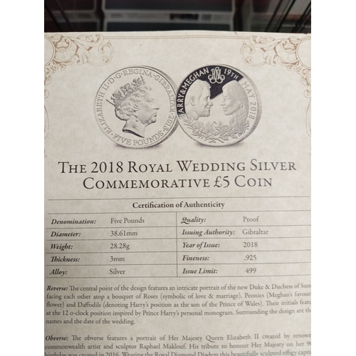 736 - London mint, The 2018 Royal wedding silver proof commemorative £5 coin. Weight 28.28 grams with cert... 