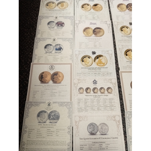 739 - Job lot of London mint proofed commemorative coins with certificates includes Royalty, Churchill, Ro... 