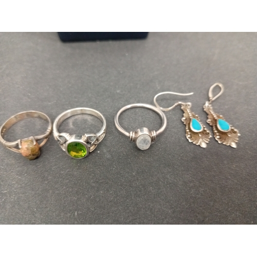 721 - Three gemstone rings includes moonstone, Agate and green stone and a pair of turquoise stone navajo ... 