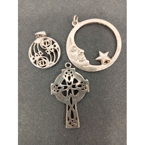 745 - Three 925 silver pendants includes Rennie Macintosh style pendant, crescent moon pendant and a celti... 