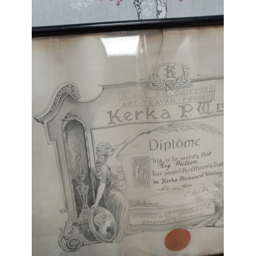 503 - Art Nouveau French hairdressing certificate in original frame. H 40cm x W 52cm.