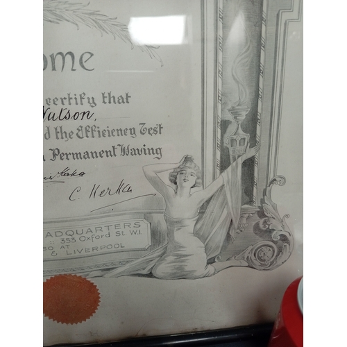 503 - Art Nouveau French hairdressing certificate in original frame. H 40cm x W 52cm.