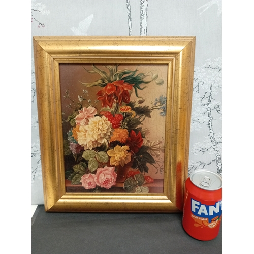 505 - Still life on board arrangement of flowers in pot in a gold frame. H 35cm x W 29cm.