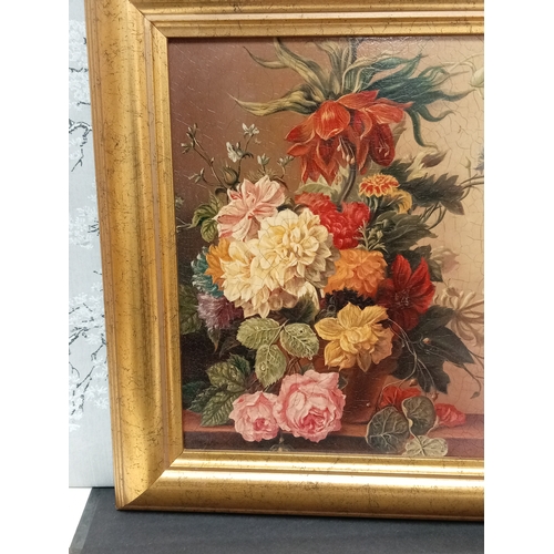 505 - Still life on board arrangement of flowers in pot in a gold frame. H 35cm x W 29cm.