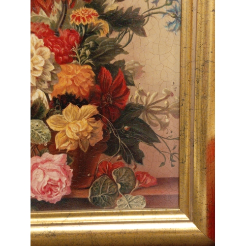 505 - Still life on board arrangement of flowers in pot in a gold frame. H 35cm x W 29cm.