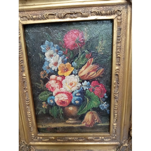 507 - Decorative flower painting in an ornate frame, H 30cm x W 24cm.