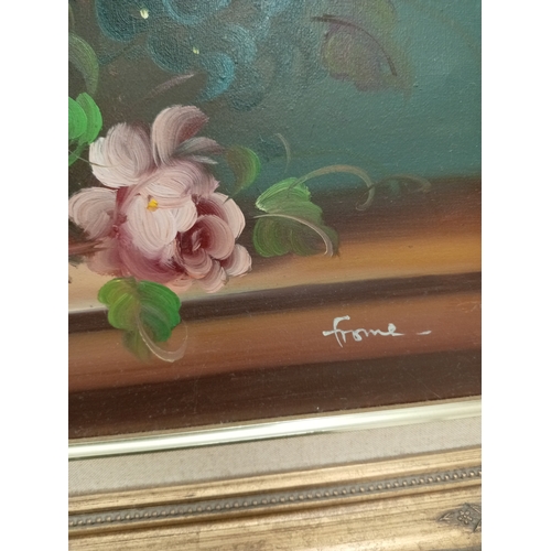 508 - Large decorative floral oil painting in a gold gilded frame signed by possibly Frome H 74cm x W 64cm... 