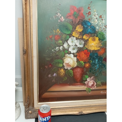 508 - Large decorative floral oil painting in a gold gilded frame signed by possibly Frome H 74cm x W 64cm... 