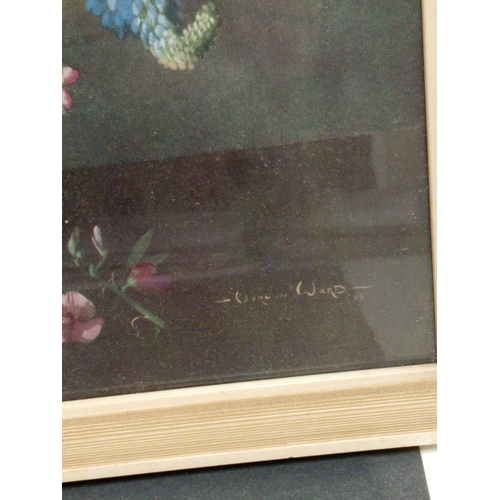 509 - Vintage roses and delphiniums print by Vernan Ward under a glass frame.