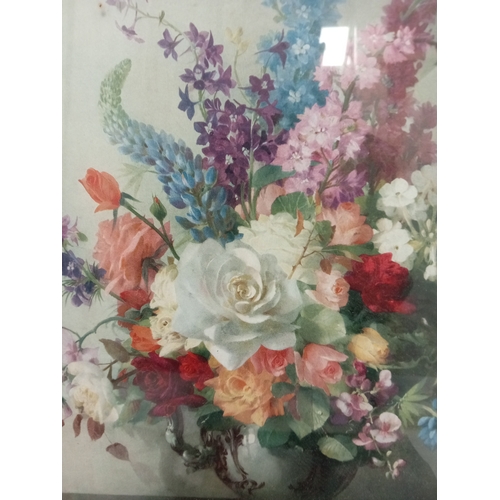 509 - Vintage roses and delphiniums print by Vernan Ward under a glass frame.