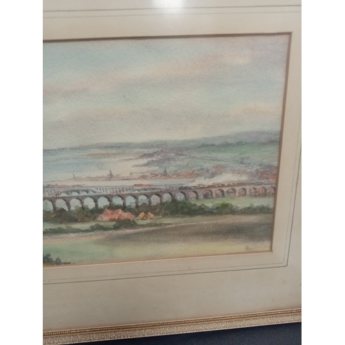 516 - Viaduct watercolour, framed under glass,  indistinctly signed. H 32cm X W 40 cm.