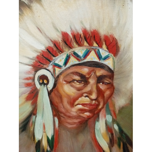 521 - Large signed vintage oil painting in damaged frame of a vibrant and colourful American Indian chief.... 