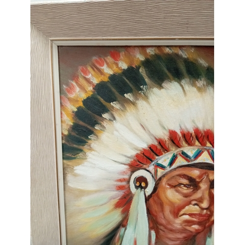 521 - Large signed vintage oil painting in damaged frame of a vibrant and colourful American Indian chief.... 