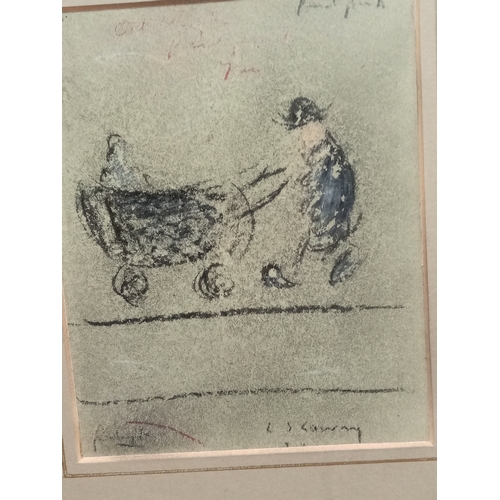 526 - Original paper sketch pencil drawing of figure with pram, signed L. S. Lowry. Measures H 26cm x W 22... 