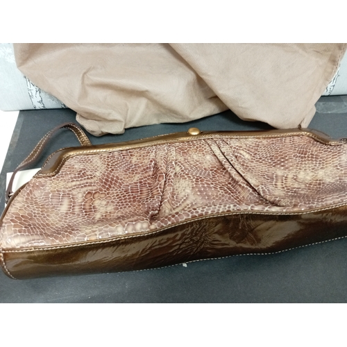 441 - Brahhmin Fairhaven Massachusettes USA snakeskin gold and beige clutch strap bag with dust bag and re... 