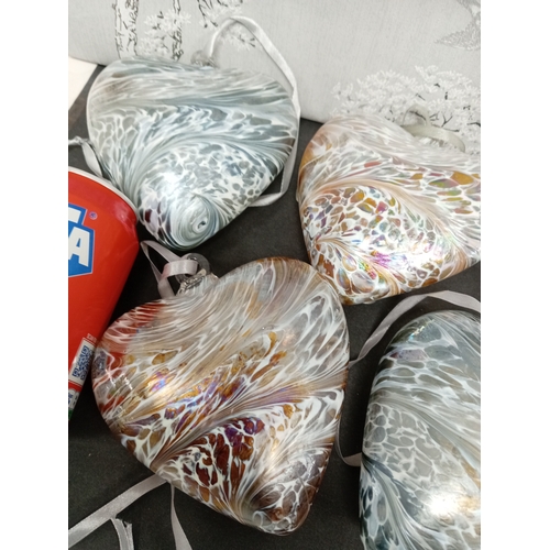 442 - Five large swirl design art glass hearts on ribbons. Each measure 12cm x 12cm.