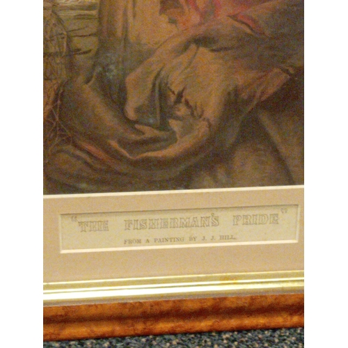 501 - Large original glass antique Burr maple framed vintage print 'The Fisherman's pride' from a painting... 