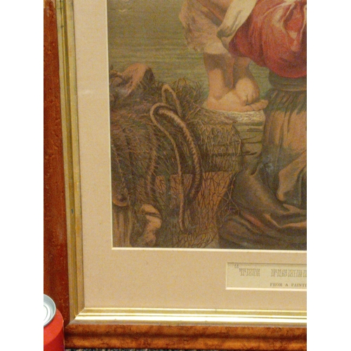 501 - Large original glass antique Burr maple framed vintage print 'The Fisherman's pride' from a painting... 