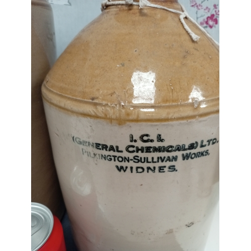 465 - Large vintage glazed Stoneware flagon and a Possil Pottery Glasgow flagon printed with ICI General c... 