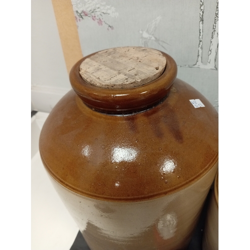 465 - Large vintage glazed Stoneware flagon and a Possil Pottery Glasgow flagon printed with ICI General c... 