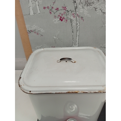 466 - Vintage enamel bread bin and a vintage J. H. Cuff & Co Malvern soda water glass syphon.