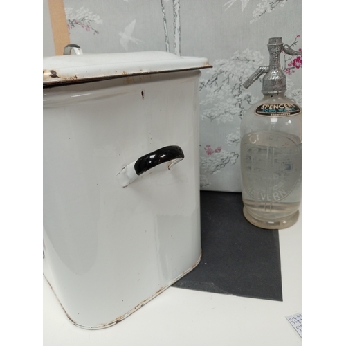 466 - Vintage enamel bread bin and a vintage J. H. Cuff & Co Malvern soda water glass syphon.