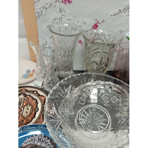 474 - Job lot of odds, includes glasses, crystal vases, Elephant incense burner, Princess Diana items, Cop... 