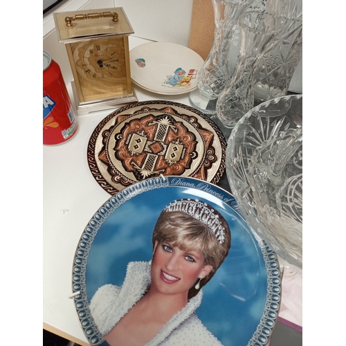 474 - Job lot of odds, includes glasses, crystal vases, Elephant incense burner, Princess Diana items, Cop... 