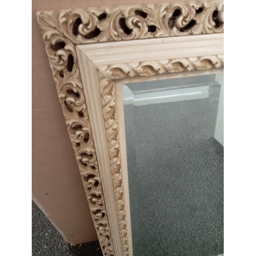 476 - Vintage cream wooden framed mirror with bevelled edge H 83cm x W 55cm.