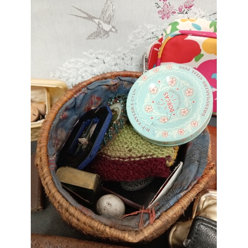 480 - Job lot of vintage items, includes tobacco pouch, purses, wallets, travel alarm clock, sewing items ... 