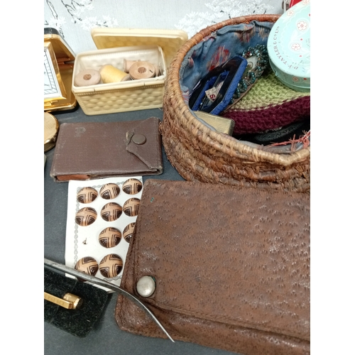 480 - Job lot of vintage items, includes tobacco pouch, purses, wallets, travel alarm clock, sewing items ... 