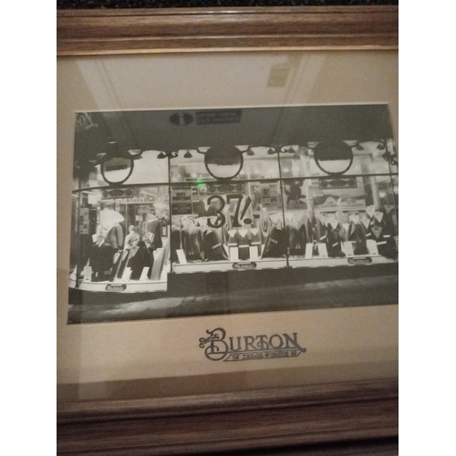 529 - Set of three black and white Burton Tailor's advertising prints in Oak frames, two measure H31cm x W... 