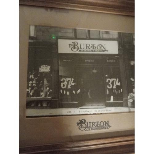 529 - Set of three black and white Burton Tailor's advertising prints in Oak frames, two measure H31cm x W... 