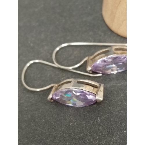 670 - One pair of 925 silver Amethyst colour stone hoop earrings,925 silver lilac crystal dangle earrings ... 