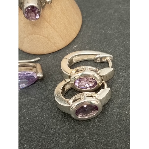 670 - One pair of 925 silver Amethyst colour stone hoop earrings,925 silver lilac crystal dangle earrings ... 