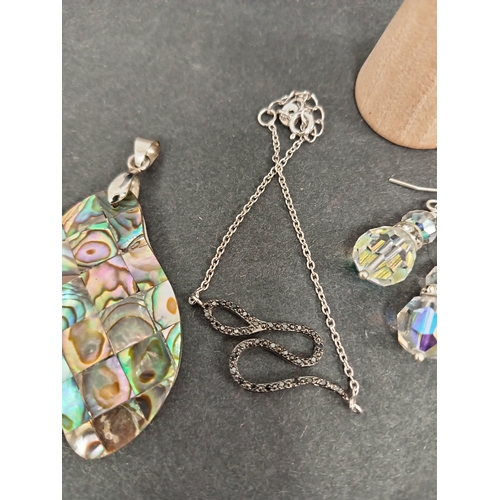 678 - 925 silver Abalone shell pendant, 925 silver Black diamanté stone snake bracelet, 925 silver crystal... 