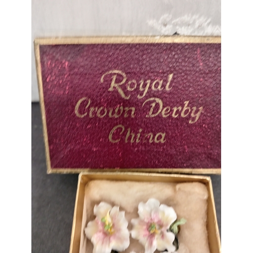 682 - Royal crown Derby China flower brooch and matching clip on earrings.