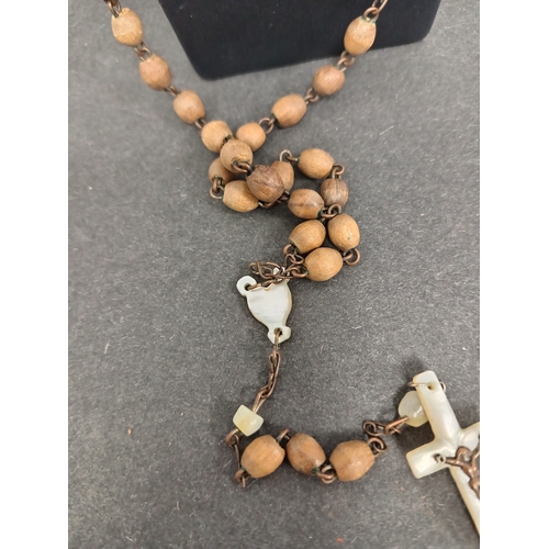 691 - Vintage olive wood and mother of pearl Rosary beads.