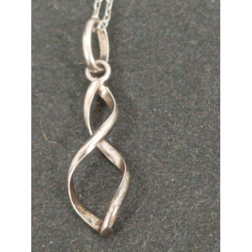 695 - Three 925 silver pendants on chains includes Modernist, twirl twist and crescent moon pendants.