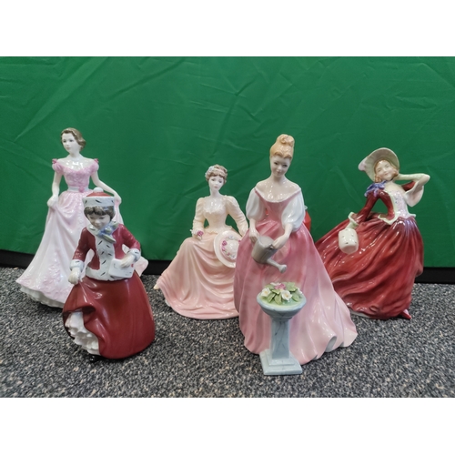 553 - Five porcelain figurines of women brands include Royal Doulton and Coalport. Women include Alexandra... 