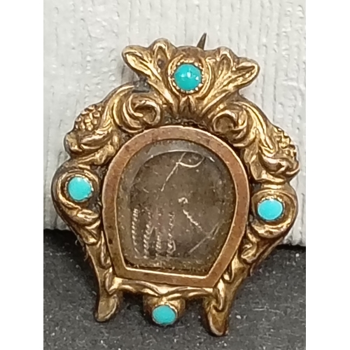 555 - Antique Victorian yellow metal and turquoise photo frame mourning miniature brooch 2.5cm.