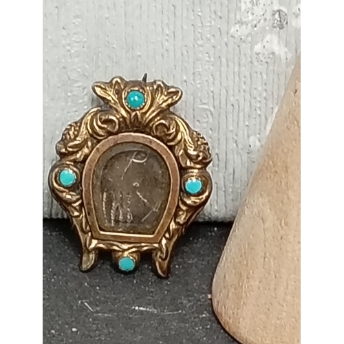 555 - Antique Victorian yellow metal and turquoise photo frame mourning miniature brooch 2.5cm.